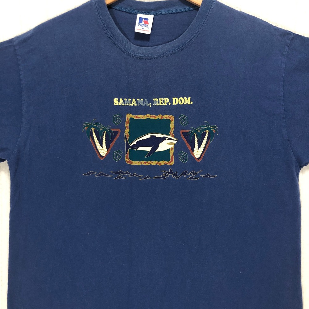 Russell Athletic Samana Rep Dom Orca Whale‎ Palm Tree Graphic T Shirt XL Blue